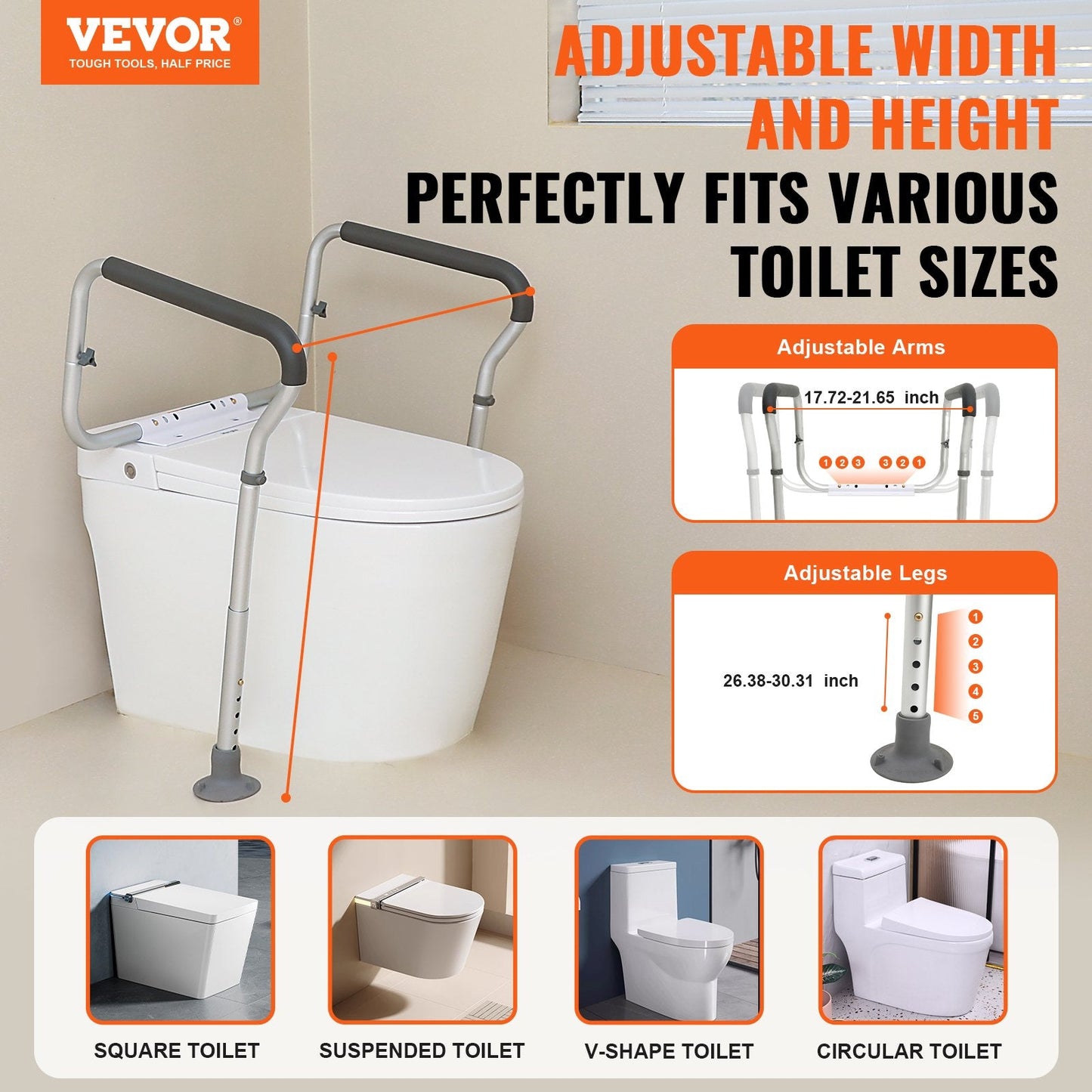 Adjustable Bathroom Safety Rail with Padded Armrests, Supports Up to 136 kg
