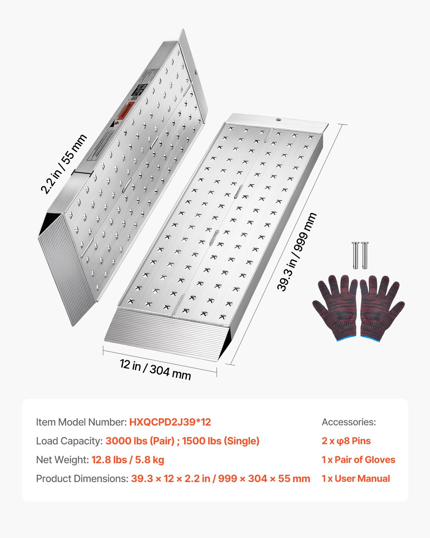 Aluminum Trailer Ramps, 2PCS 999 x 304mm, Heavy-Duty ATV Ramp Set with Anti-Slip Plates, 1360kg Combined Capacity Loading Ramps for Motorcycles, Lawn Mowers, Farm Tractors, Carts