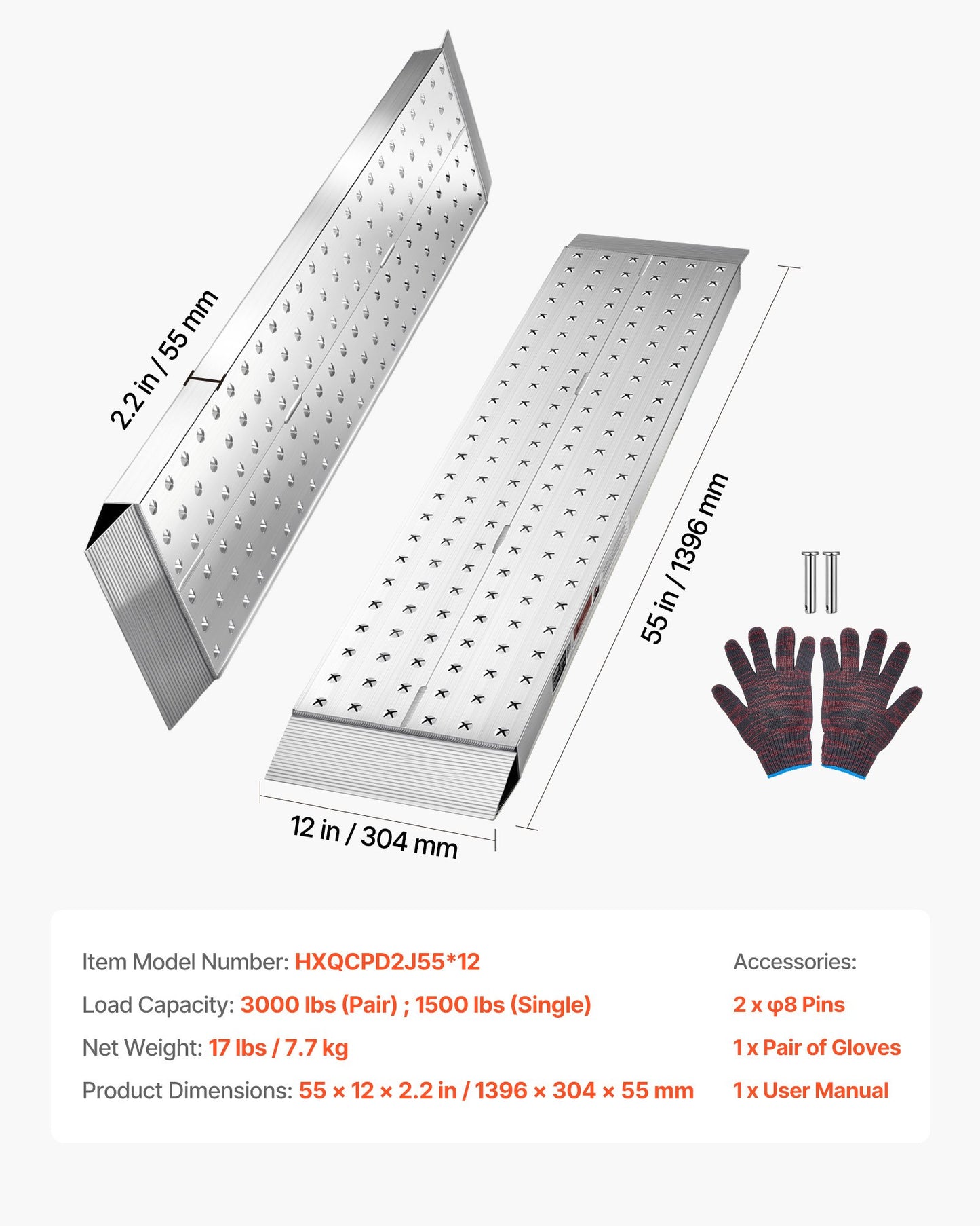 Aluminum Trailer Ramps, 2PCS 1396 x 304mm, Heavy-Duty ATV Ramp Set with Anti-Slip Plates, 1360kg Combined Capacity Loading Ramps for Motorcycles, Lawn Mowers, Farm Tractors, Carts
