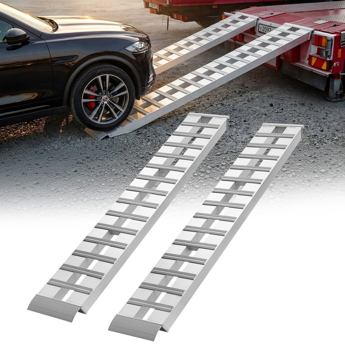 Aluminum Trailer Ramps, 2PCS 2440 x 380 mm, Heavy-Duty Truck Ramp Set, 4536kg Combined Capacity ATV Loading Ramps for Pickup Trucks, Motorcycles, Lawn Mowers, Cars, Farm Tractors, Carts