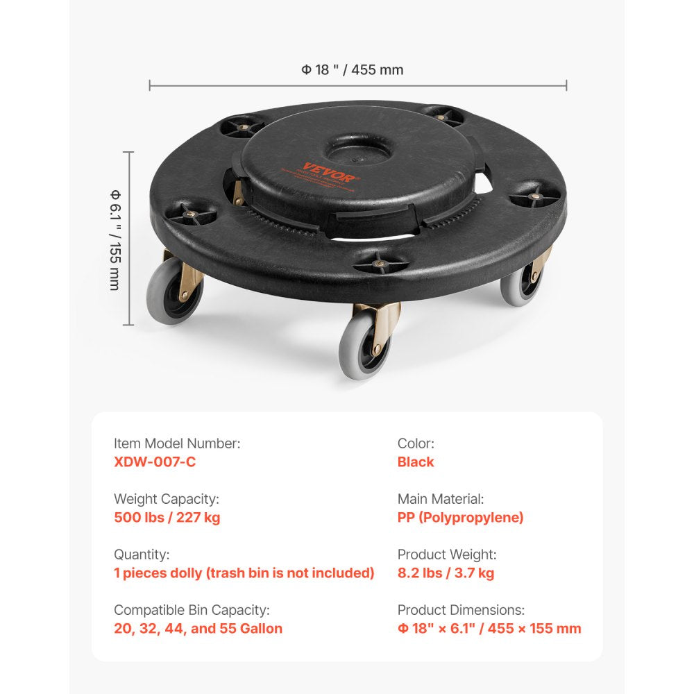 VEVOR Round Trash Can Dolly Fit 20, 32, 44, 55 Gal Garbage Container 500lbs