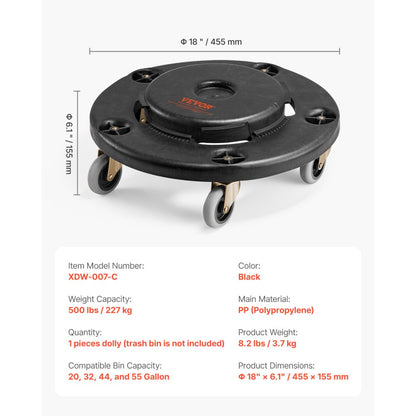 VEVOR Round Trash Can Dolly Fit 20, 32, 44, 55 Gal Garbage Container 500lbs