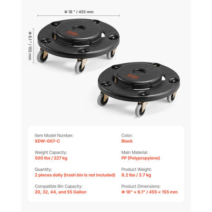 VEVOR 2 Packs Round Trash Can Dolly Fit 20, 32, 44, 55 Gal Garbage Container