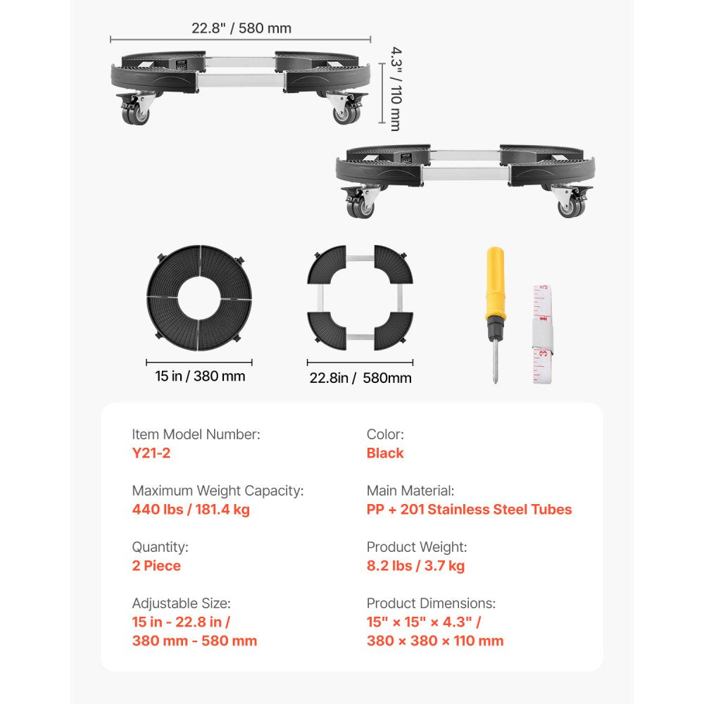 VEVOR 2 Packs Round Trash Can Dolly 15-22.8 in Adjustable Plastic Bin Dolly