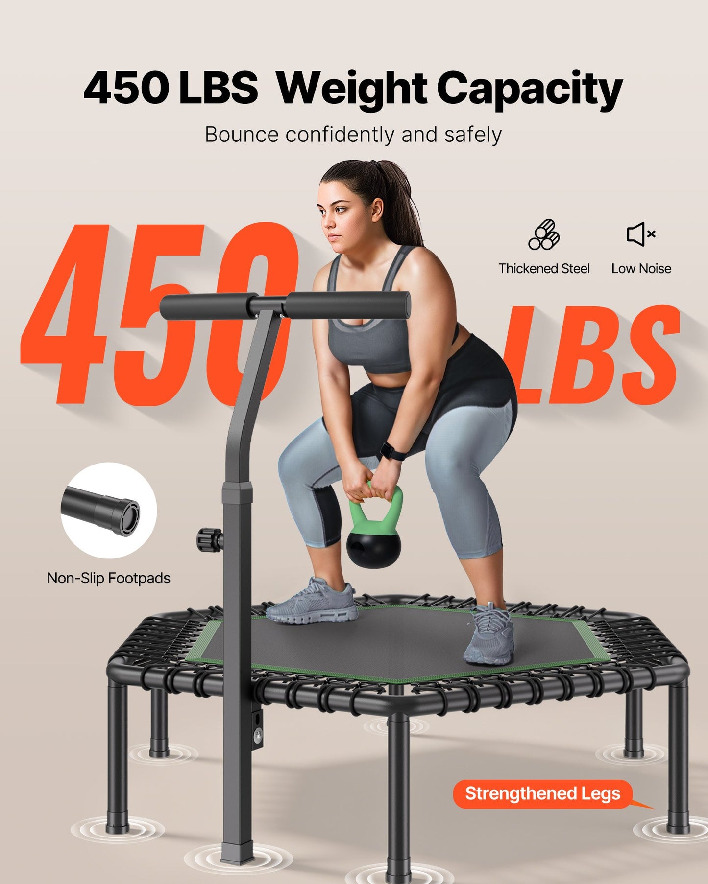 1385 mm Mini Trampoline, 205 kg Max Load Fitness Rebounder, Stable & Quiet Small Trampoline with 3 Levels Height Adjustable & Foam Handle, Exercise Rebounder for Adults Indoor/Garden Workout