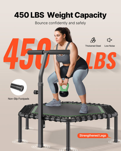 1385 mm Mini Trampoline, 205 kg Max Load Fitness Rebounder, Stable & Quiet Small Trampoline with 3 Levels Height Adjustable & Foam Handle, Exercise Rebounder for Adults Indoor/Garden Workout