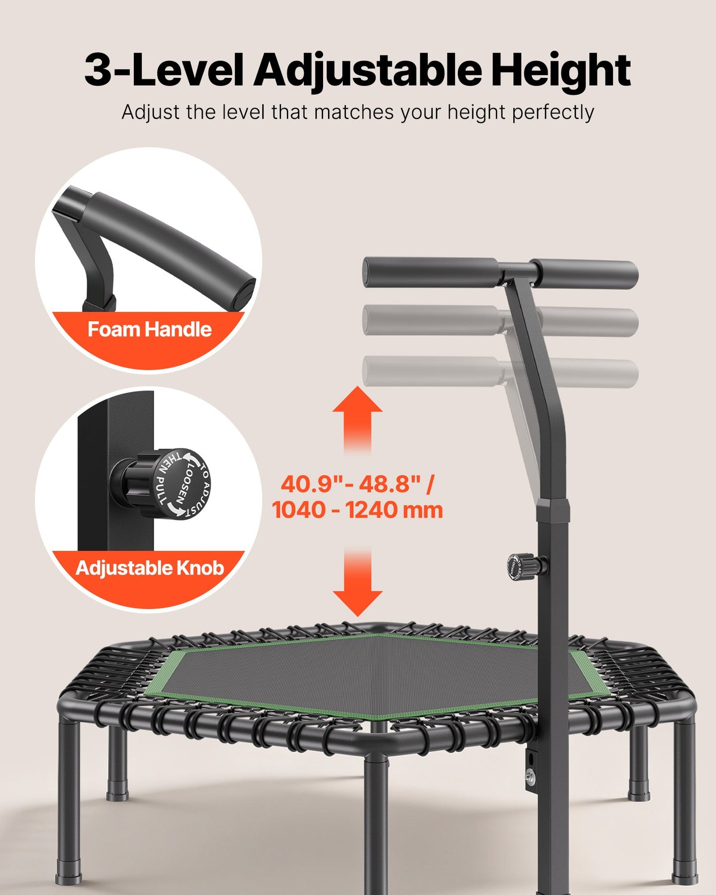 1385 mm Mini Trampoline, 205 kg Max Load Fitness Rebounder, Stable & Quiet Small Trampoline with 3 Levels Height Adjustable & Foam Handle, Exercise Rebounder for Adults Indoor/Garden Workout