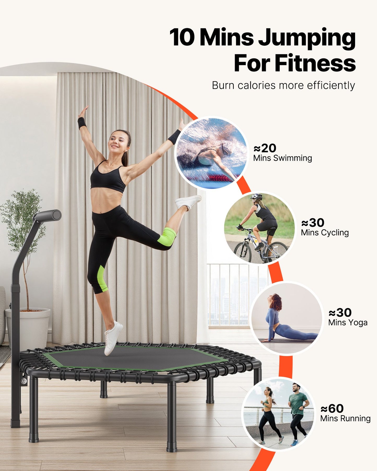 1385 mm Mini Trampoline, 205 kg Max Load Fitness Rebounder, Stable & Quiet Small Trampoline with 3 Levels Height Adjustable & Foam Handle, Exercise Rebounder for Adults Indoor/Garden Workout
