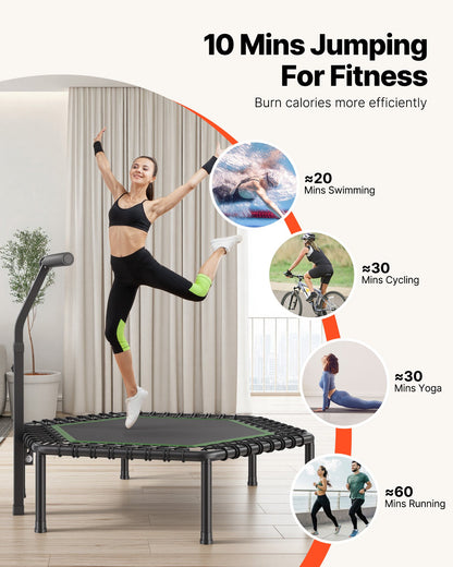 1385 mm Mini Trampoline, 205 kg Max Load Fitness Rebounder, Stable & Quiet Small Trampoline with 3 Levels Height Adjustable & Foam Handle, Exercise Rebounder for Adults Indoor/Garden Workout