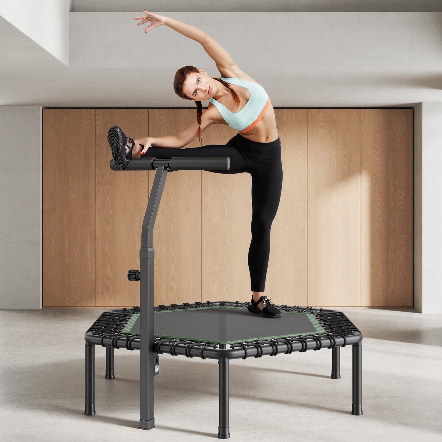 1385 mm Mini Trampoline, 205 kg Max Load Fitness Rebounder, Stable & Quiet Small Trampoline with 3 Levels Height Adjustable & Foam Handle, Exercise Rebounder for Adults Indoor/Garden Workout
