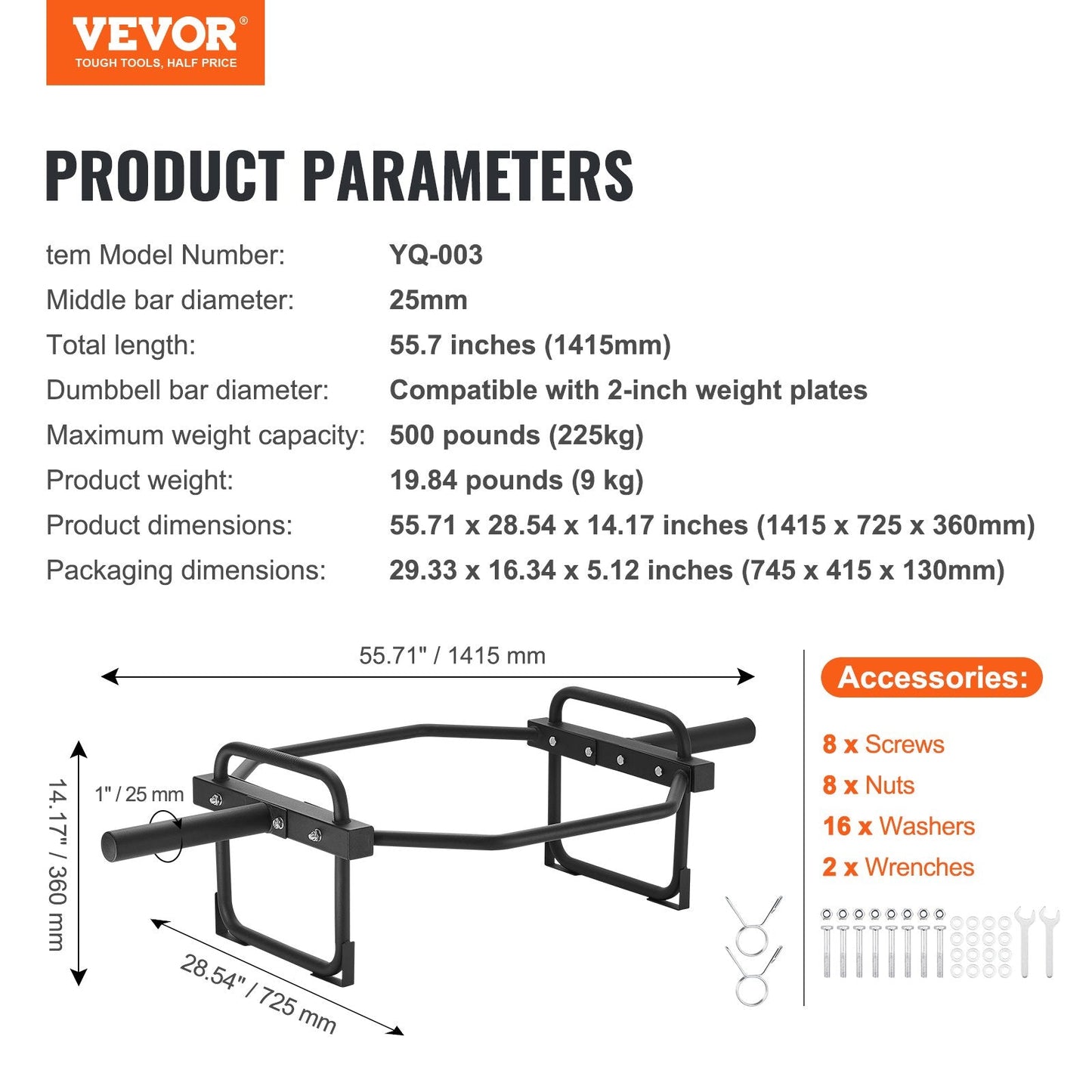 Hex Trap Bar for Deadlifts and Squats, 225 kg Capacity, 1.4 m Length