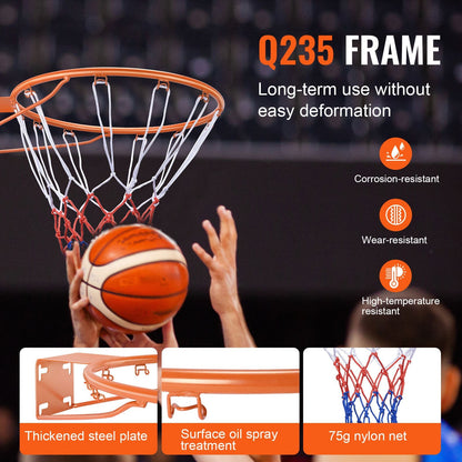Wall-Mounted Basketball Hoop with Net, Heavy Duty Steel, Indoor/Outdoor Use