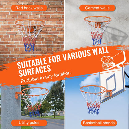 Wall-Mounted Basketball Hoop with Net, Heavy Duty Steel, Indoor/Outdoor Use