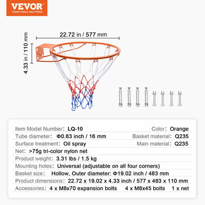 VEVOR Basketball Rim, Wall Door Mounted Basketball Hoop, Heavy Duty Q235 Basketball