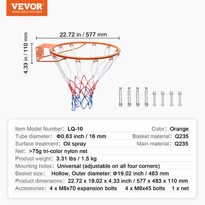 Wall-Mounted Basketball Hoop with Net, Heavy Duty Steel, Indoor/Outdoor Use