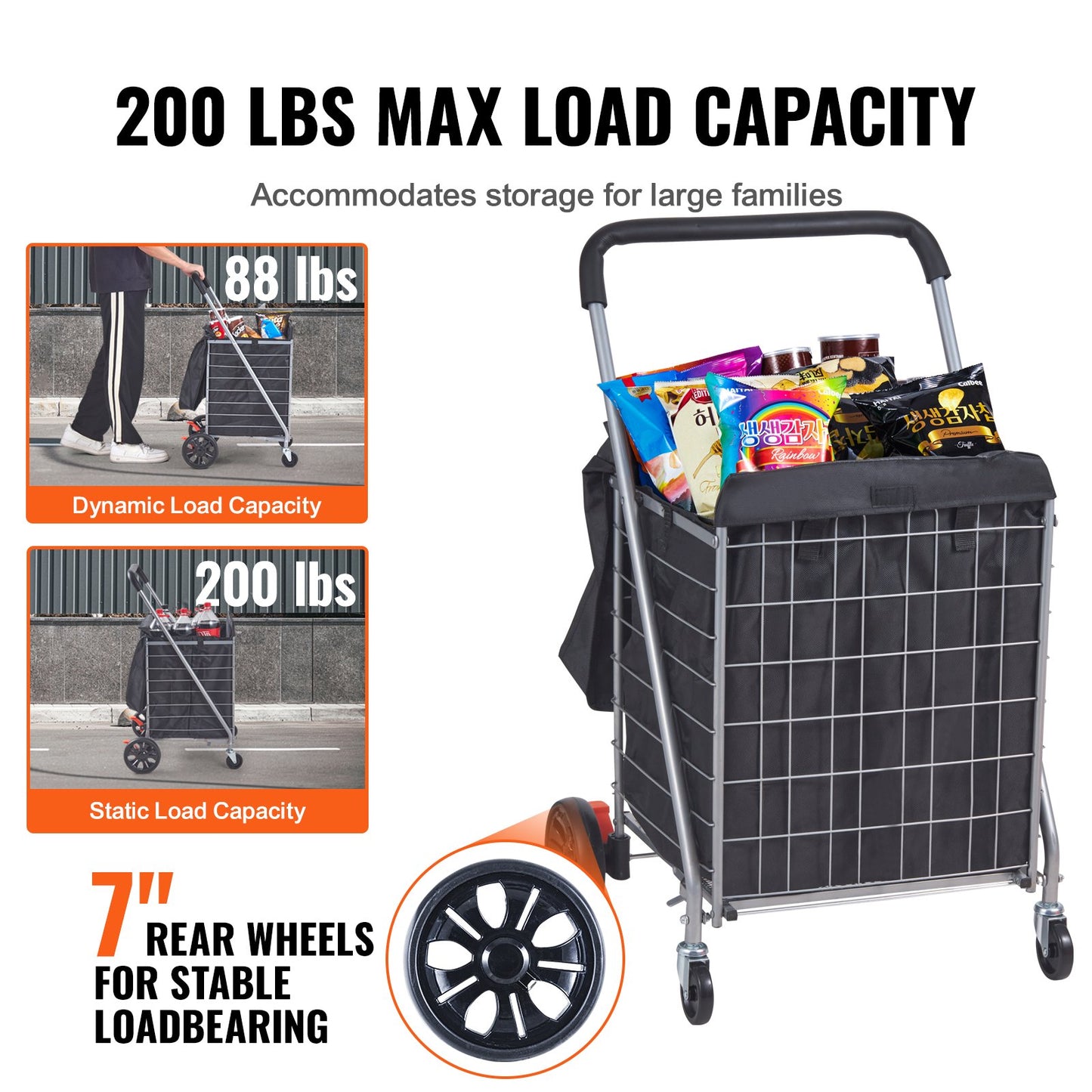 VEVOR Folding Shopping Cart, 200 lbs Max Load Capacity, Grocery Utility Cart with