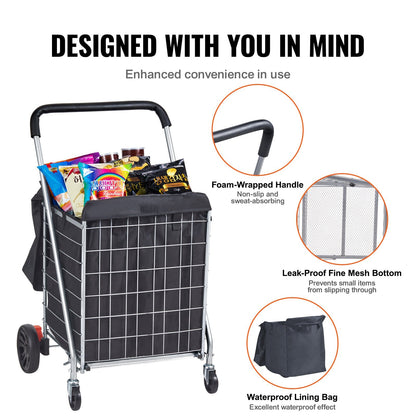 Collapsible Shopping Cart with Swivel Wheels, 90.7 kg Capacity, Silver
