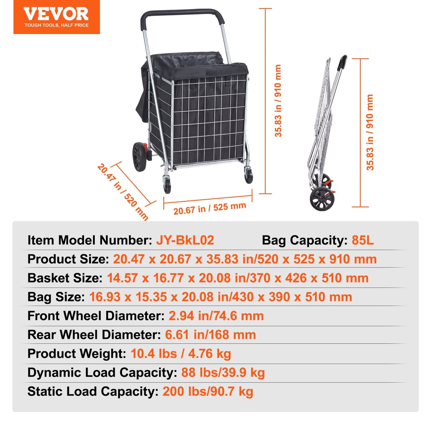 VEVOR Folding Shopping Cart, 200 lbs Max Load Capacity, Grocery Utility Cart with