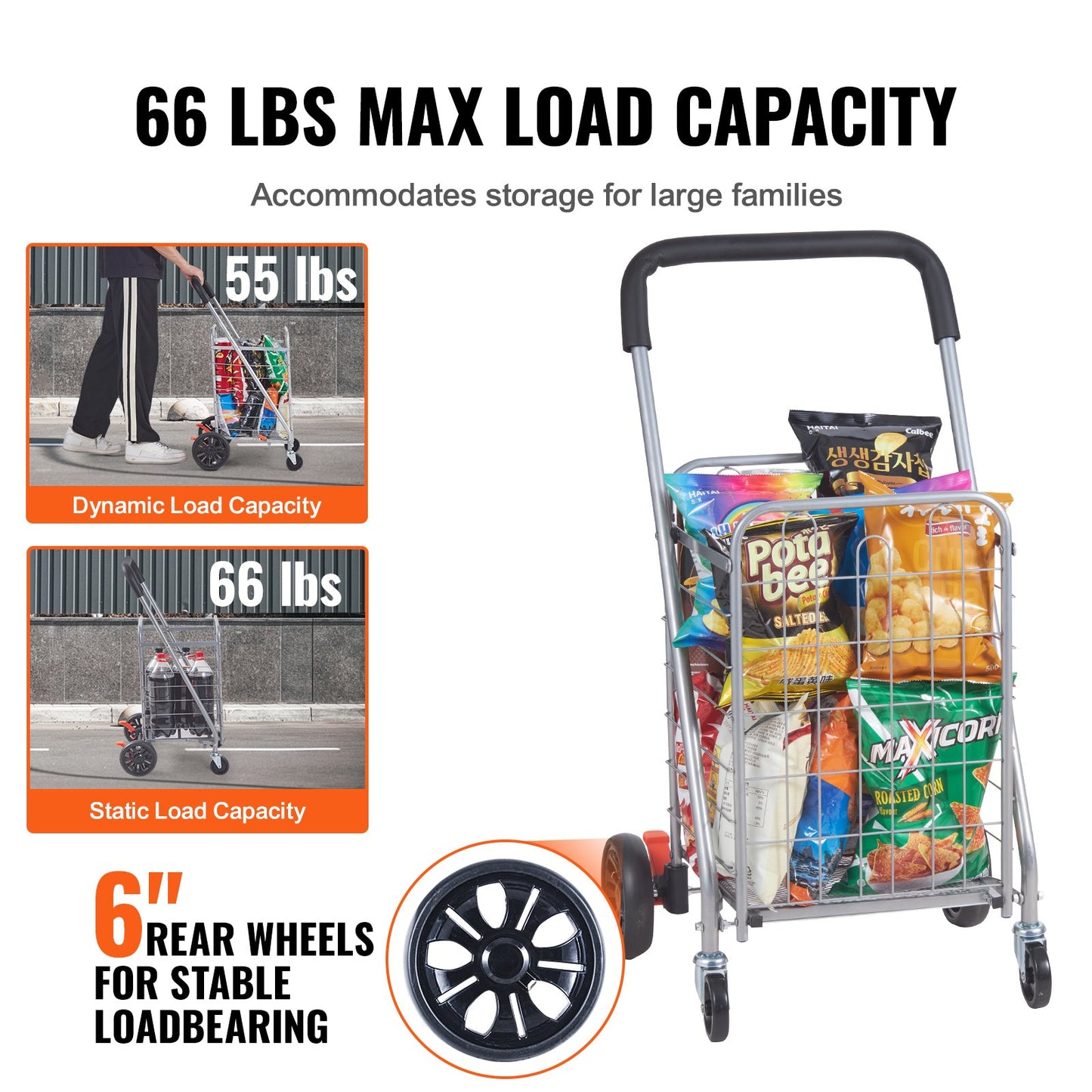 VEVOR Folding Shopping Cart, 66 lbs Max Load Capacity, Grocery Utility Cart with