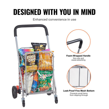 VEVOR Folding Shopping Cart, 66 lbs Max Load Capacity, Grocery Utility Cart with