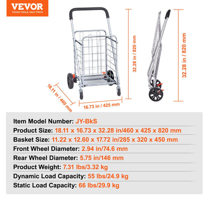 VEVOR Folding Shopping Cart, 66 lbs Max Load Capacity, Grocery Utility Cart with