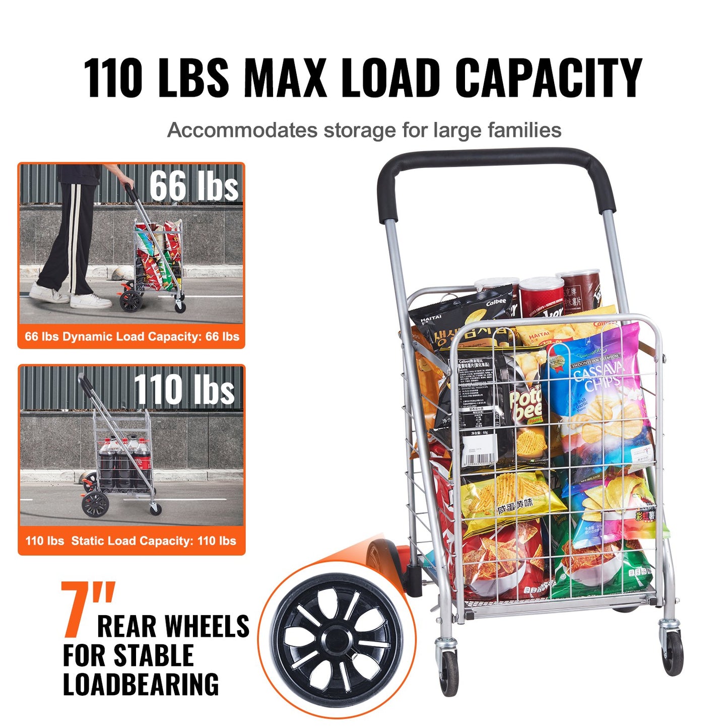 VEVOR Folding Shopping Cart, 110 lbs Max Load Capacity, Grocery Utility Cart with