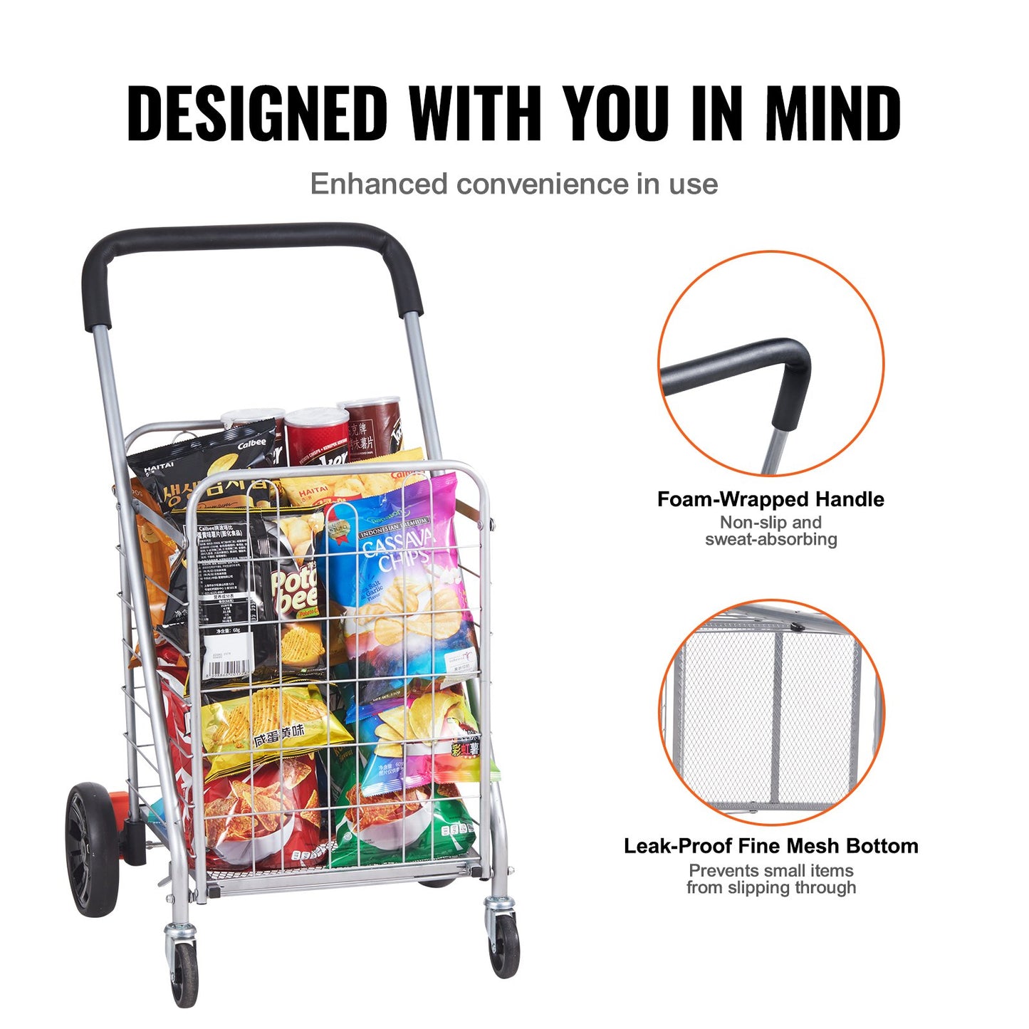 VEVOR Folding Shopping Cart, 110 lbs Max Load Capacity, Grocery Utility Cart with