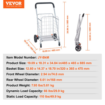 VEVOR Folding Shopping Cart, 110 lbs Max Load Capacity, Grocery Utility Cart with