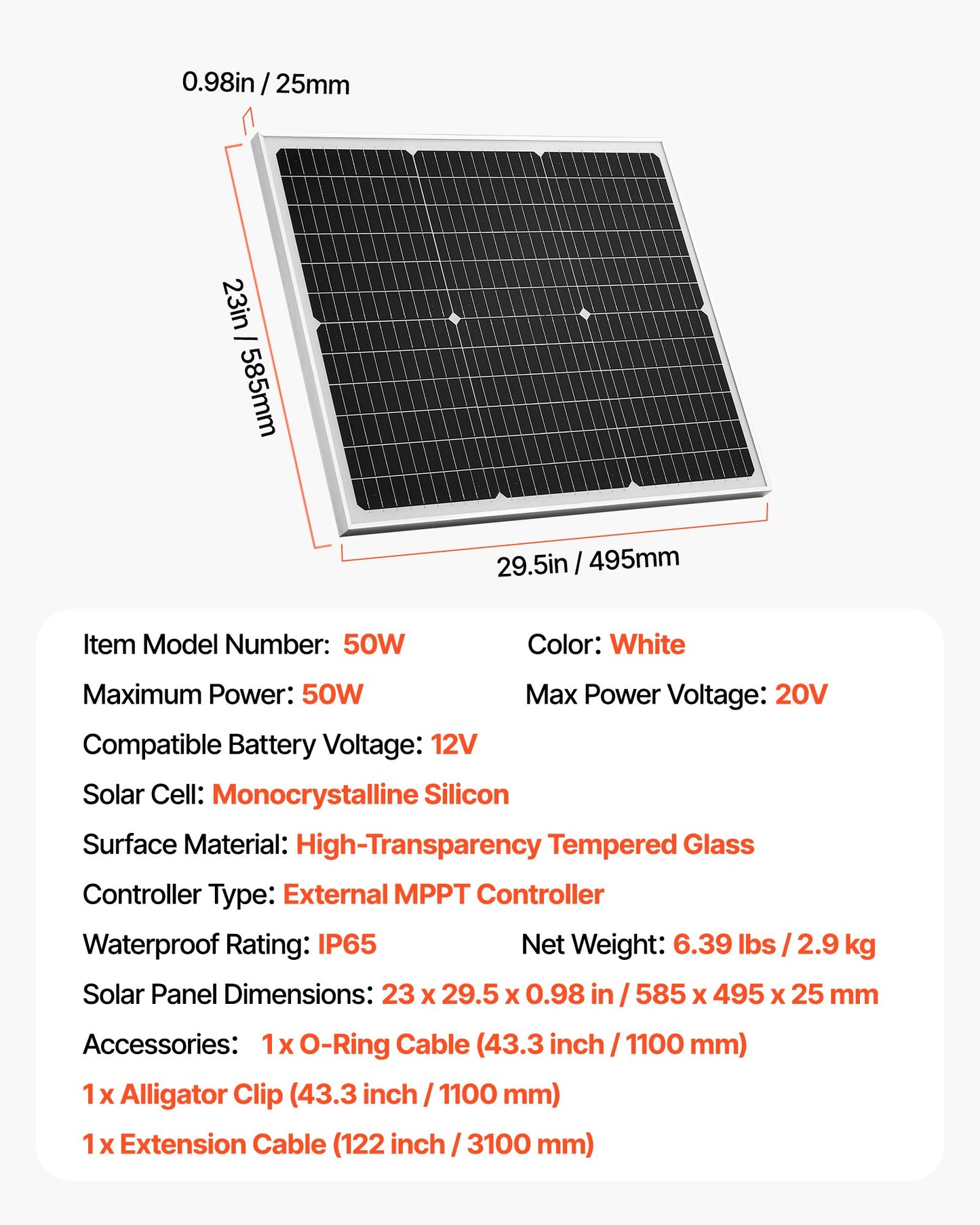 50W 12V Solar Battery Charger Maintainer, Mono Solar Panel Trickle Battery Charger with Upgraded MPPT Controller, IP65 Waterproof for Car Boat RV Trailer Flat Rooftop (Bracket Not Included)