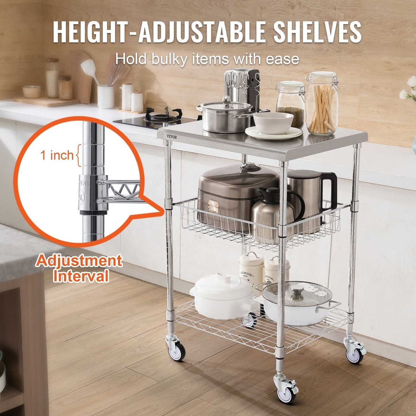 3-Tier Steel Rolling Utility Cart with Adjustable Shelves and 213kg Capacity