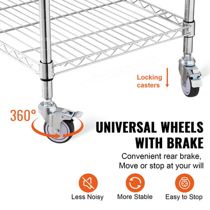 3-Tier Steel Rolling Utility Cart with Adjustable Shelves and 213kg Capacity