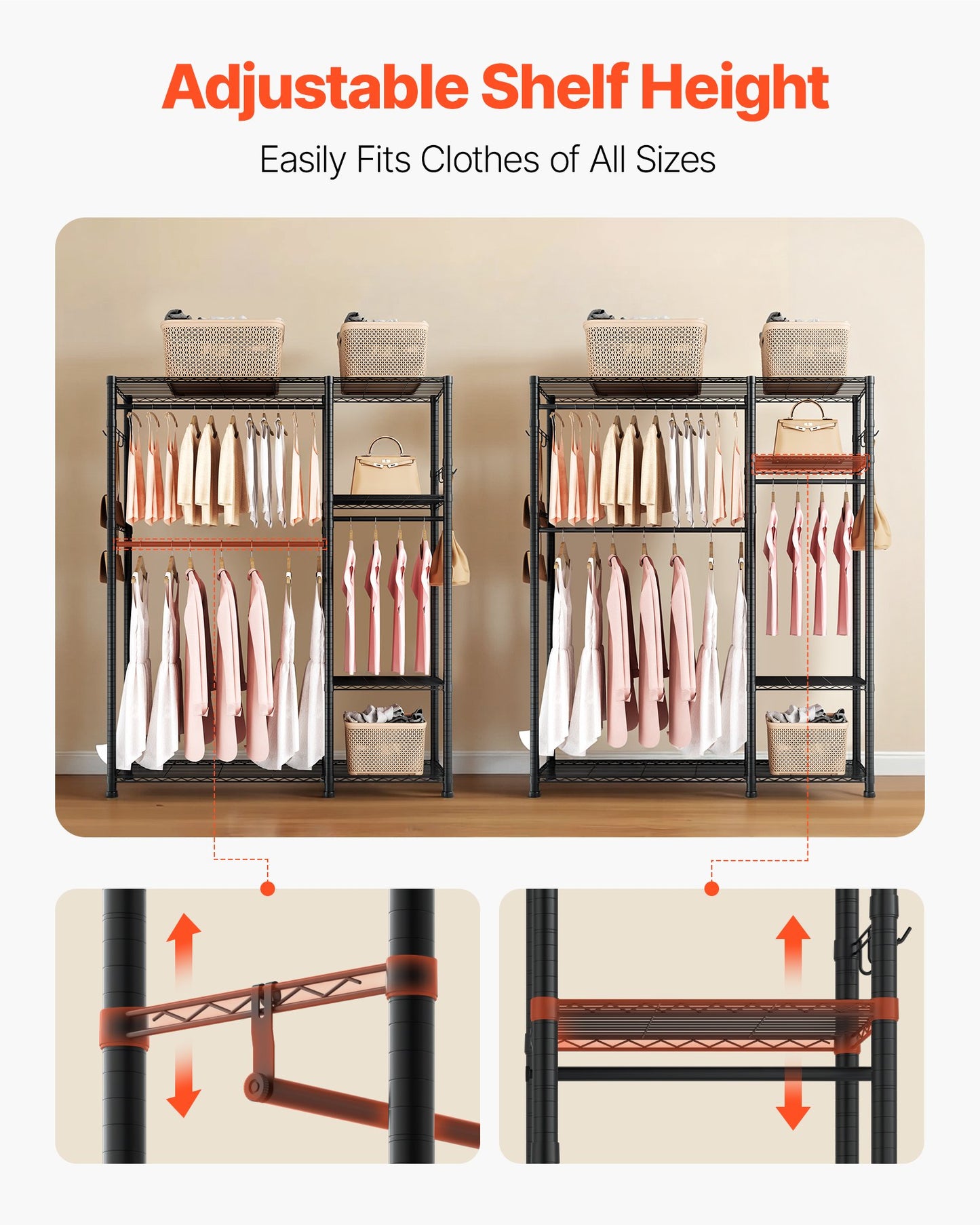 Clothing Garment Rack, Heavy Duty Clothes Rack, 6 Adjustable Tiers Clothes Racks with Steel Frame, 363 kg Load Capacity Closet Wardrobe with 3 Hanging Rods for Bedroom, Clothing Store, Hallway
