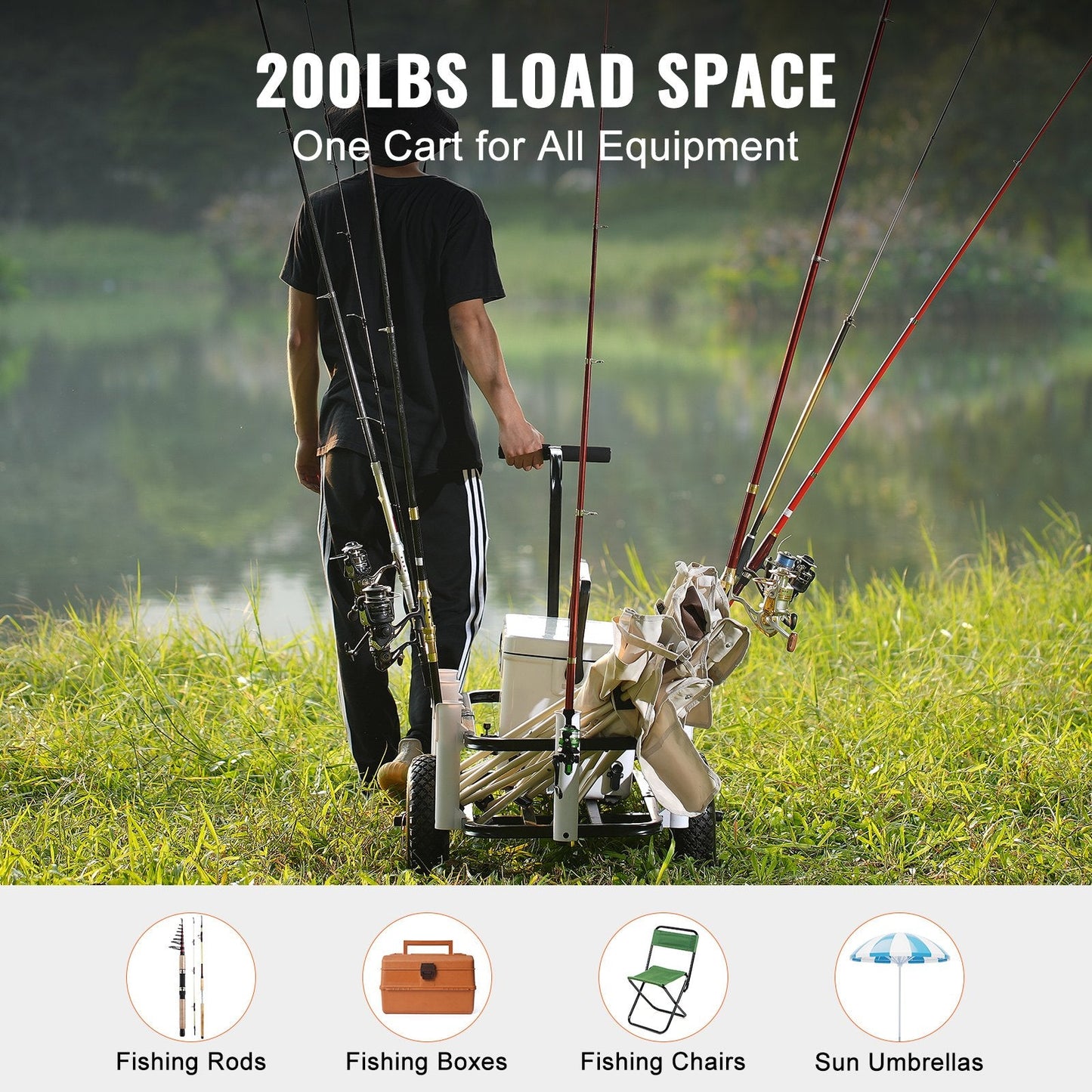 Heavy-Duty Beach Fishing Cart with 91 kg Capacity and Large Balloon Tires