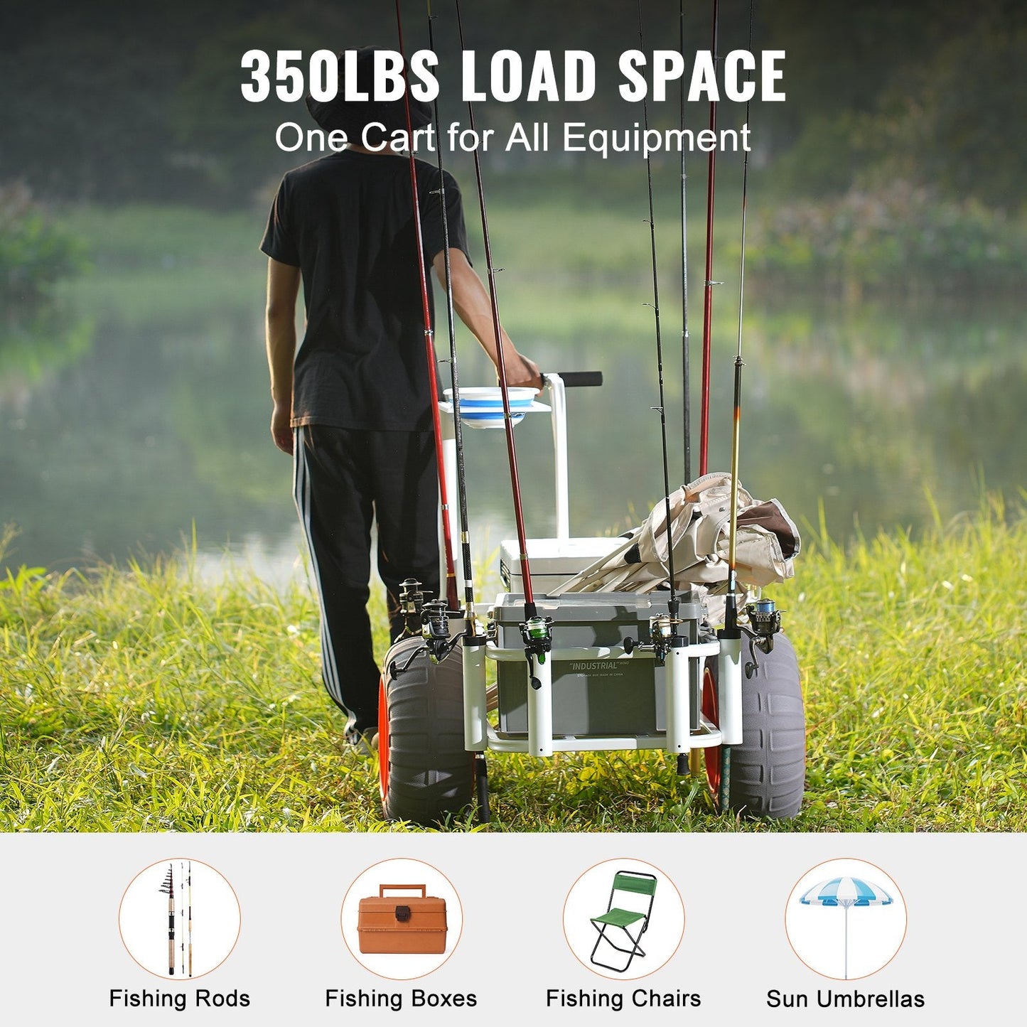 Heavy-Duty Beach Fishing Cart with 159 kg Capacity and Balloon Tires
