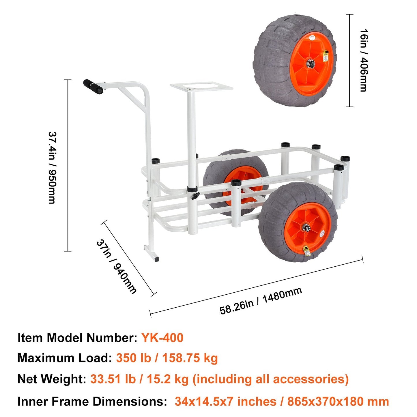 Heavy-Duty Beach Fishing Cart with 159 kg Capacity and Balloon Tires