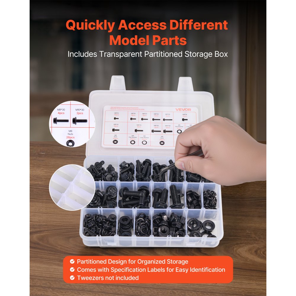 VEVOR 280 Pcs Bolts Nuts Assortment Kit Metric Alloy Steel M6 M8 M10
