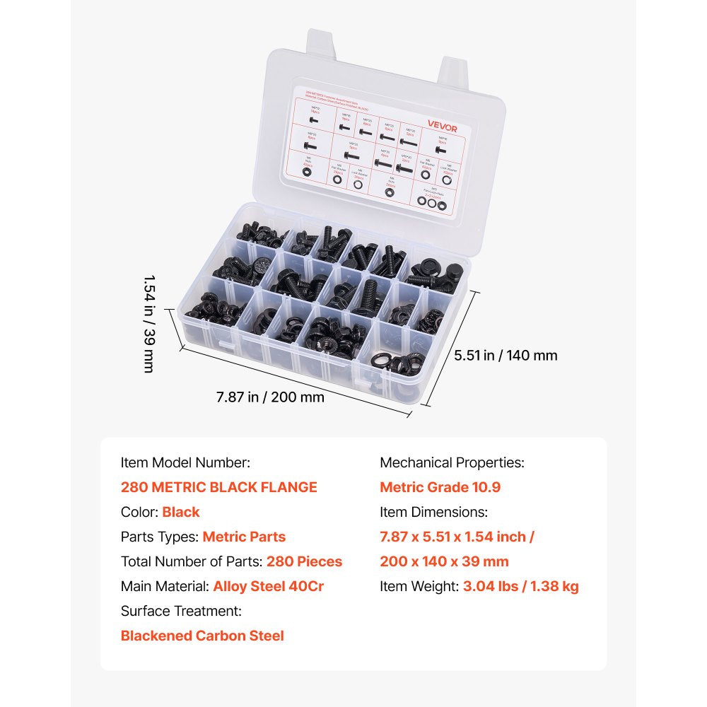 VEVOR 280 Pcs Bolts Nuts Assortment Kit Metric Alloy Steel M6 M8 M10