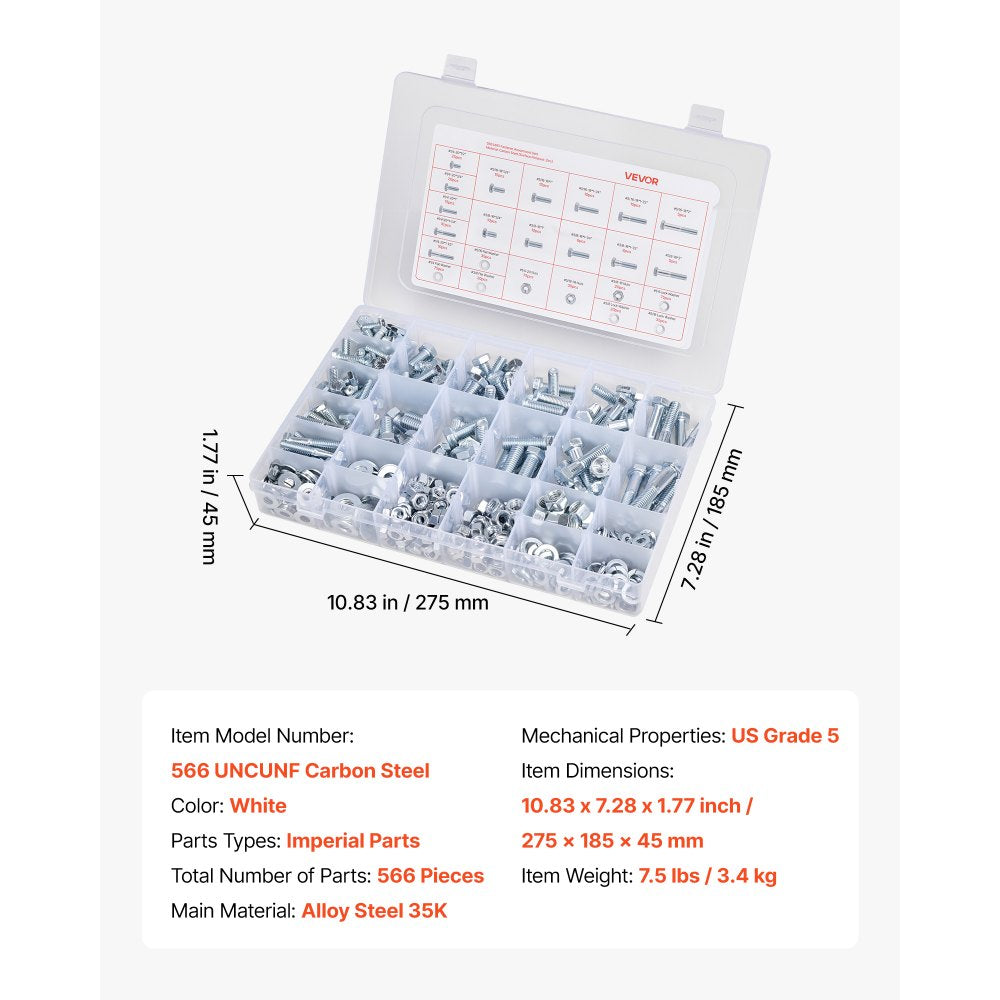VEVOR 566 Pcs Bolts Nuts Assortment Kit Imperial Alloy Steel for Furniture