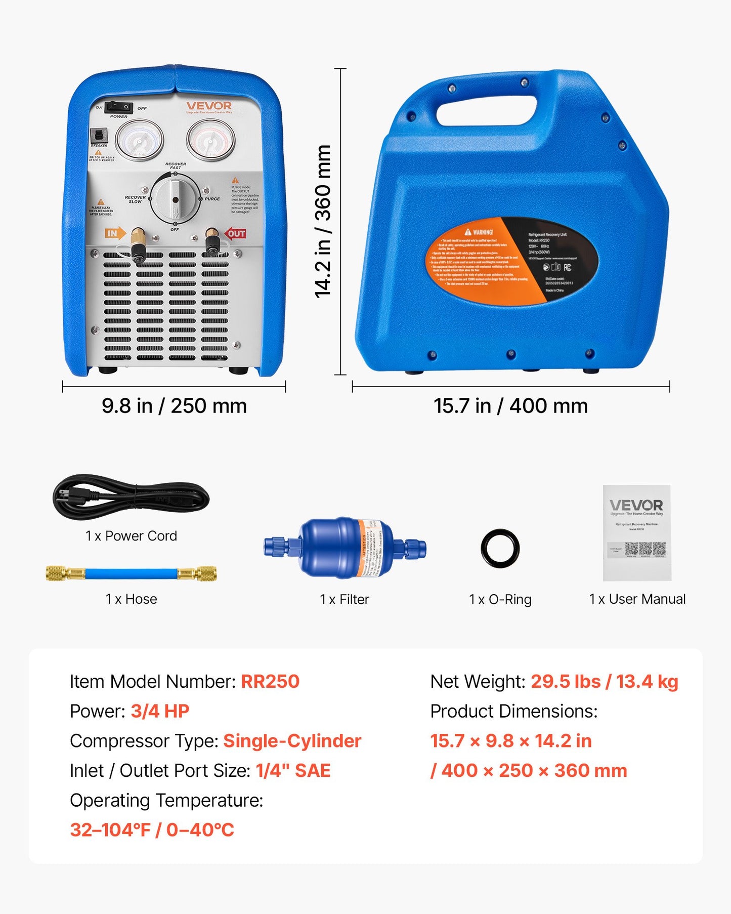 Portable Refrigerant Recovery Machine, 3/4 HP 220-240V 50Hz Single Cylinder AC Recovery Machine for Liquid Vapor Refrigerant, 1450 RPM Recycling Unit HVAC for Automotive & Household Air Conditioning
