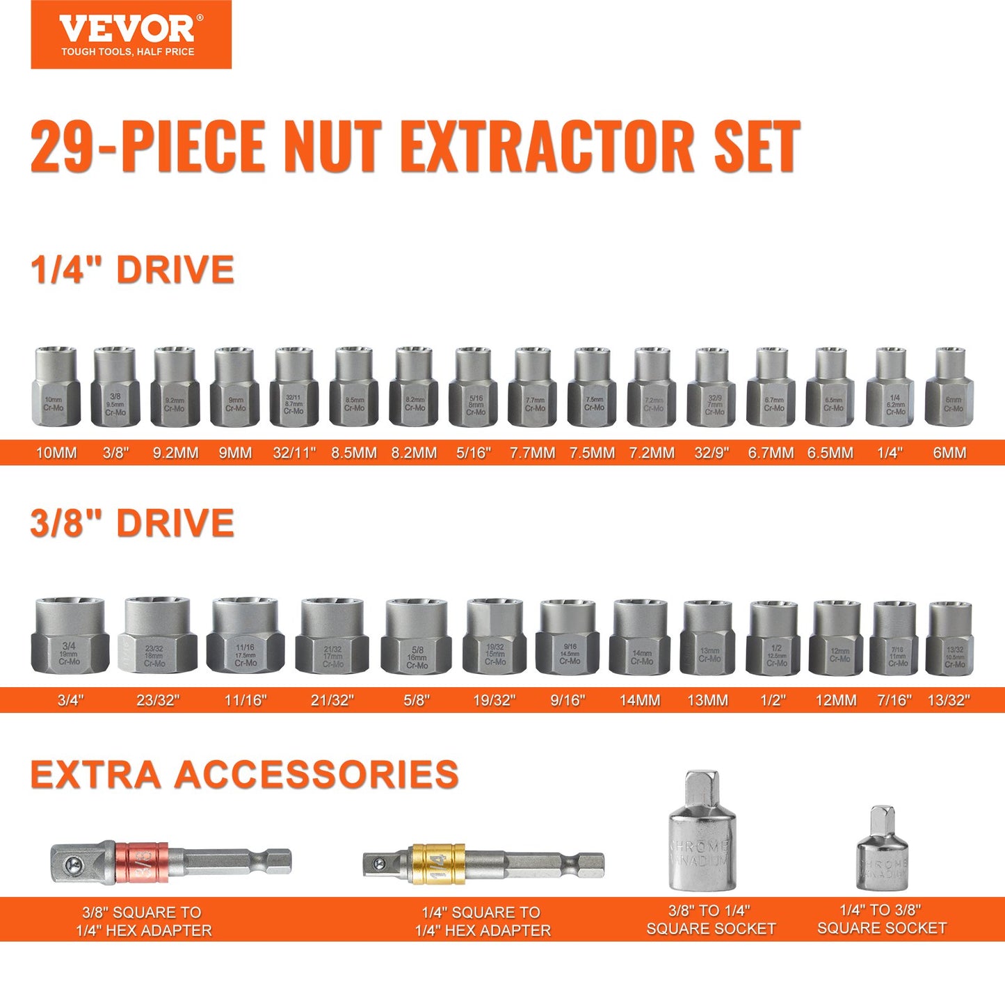 Bolt Extractor Set, 29-Piece Bolt and Nut Remover Set, 6mm to 10mm, 13/32" to 3/4", CR-MO Steel Extraction Socket Set with Storage Case, for Removing Damaged Rusted Bolts, Nuts and Screws