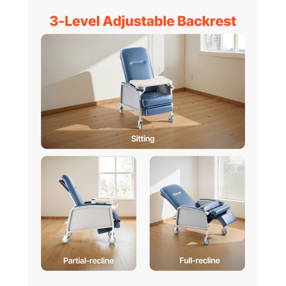VEVOR Geri Chair Recliner 3-Position Reclining Geri Chair with Tray & 4 Wheels