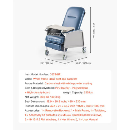 VEVOR Geri Chair Recliner 3-Position Reclining Geri Chair with Tray & 4 Wheels