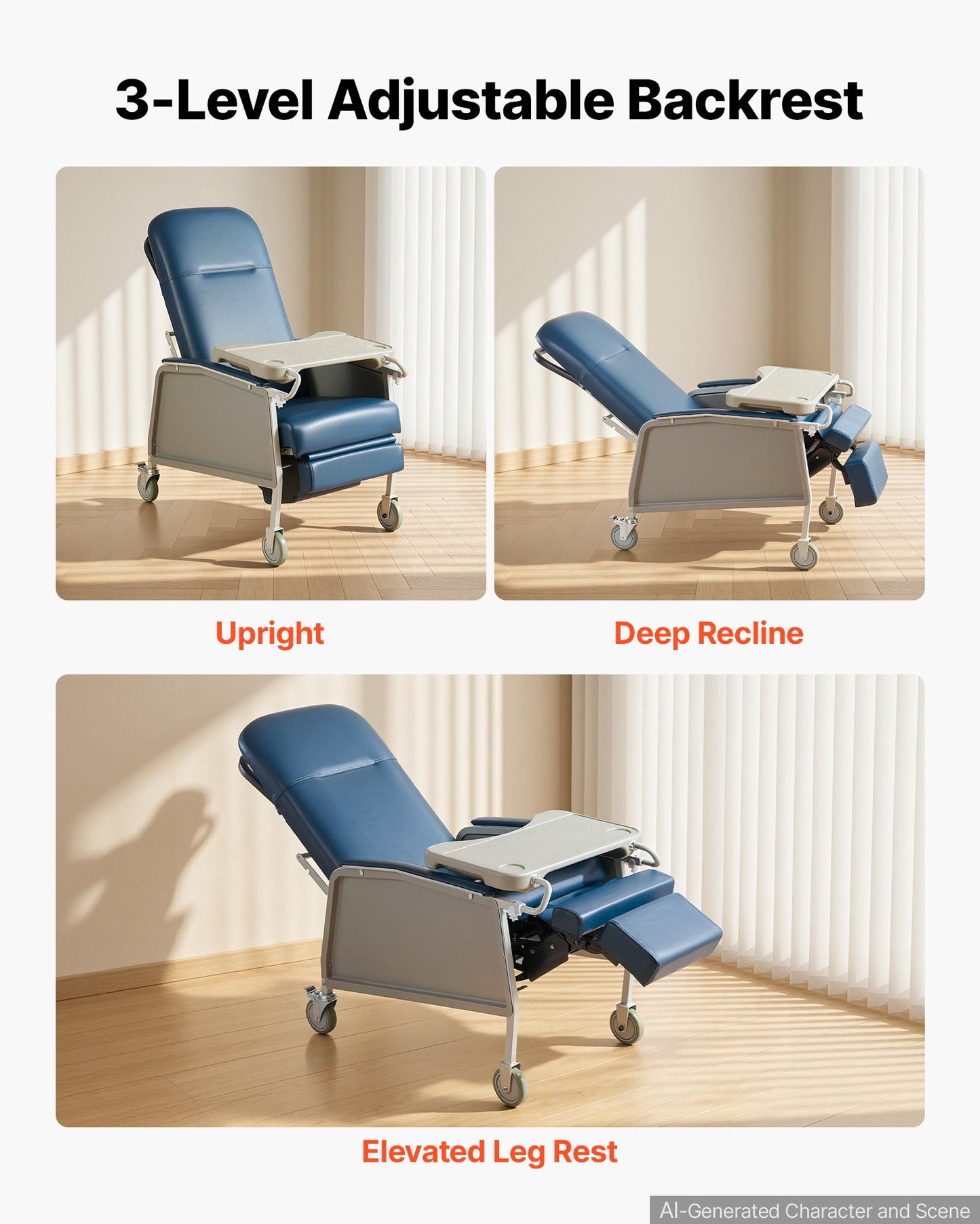 3-Position Geri Reclining Chair 227kg Capacity Geri Chair Recliner, Comfortable Medical Recliner Chairs with 4 Wheels, Soft Padded Seat & Tray Table for Hospitals, Clinics, Geriatric Home Care