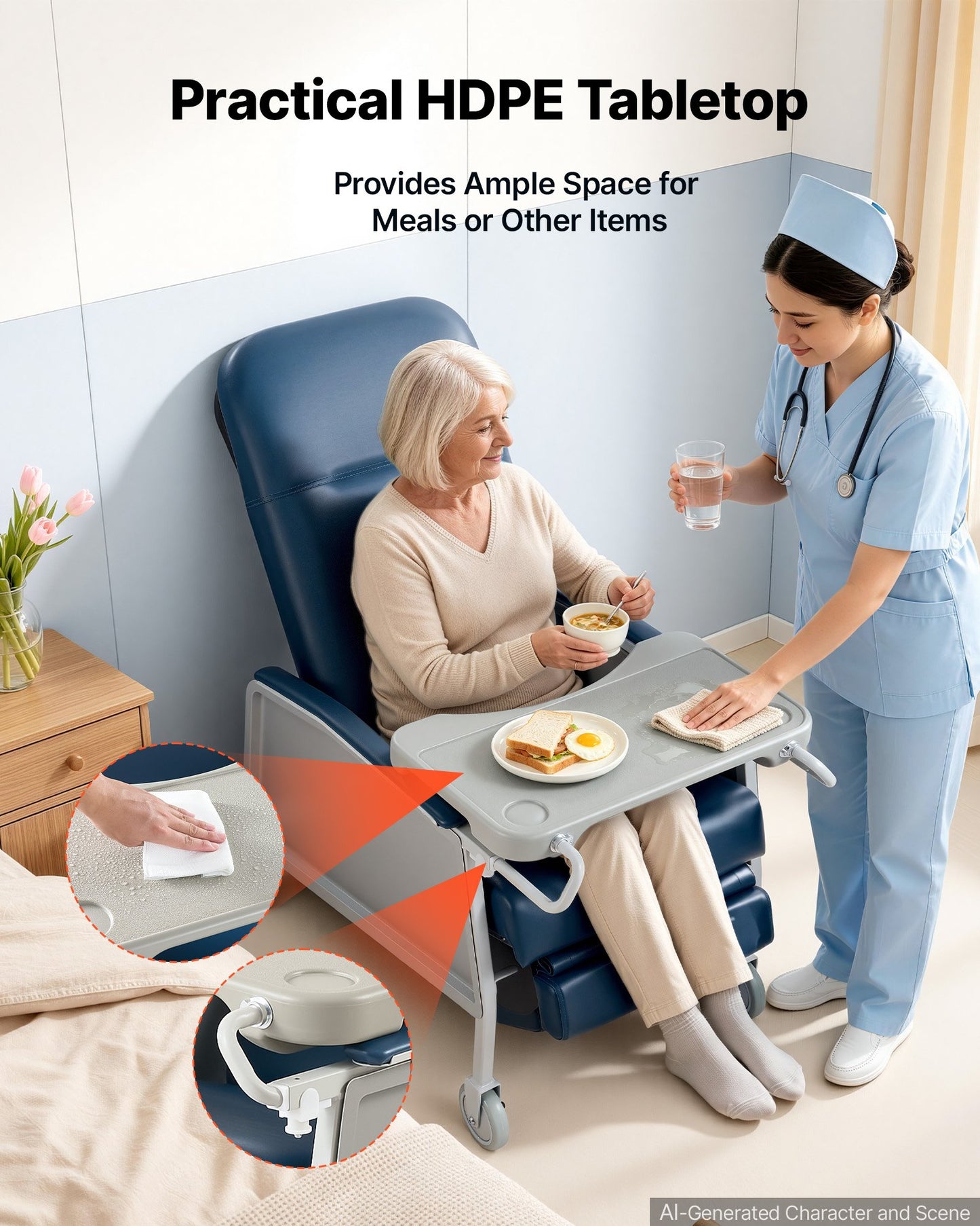 3-Position Geri Reclining Chair 227kg Capacity Geri Chair Recliner, Comfortable Medical Recliner Chairs with 4 Wheels, Soft Padded Seat & Tray Table for Hospitals, Clinics, Geriatric Home Care