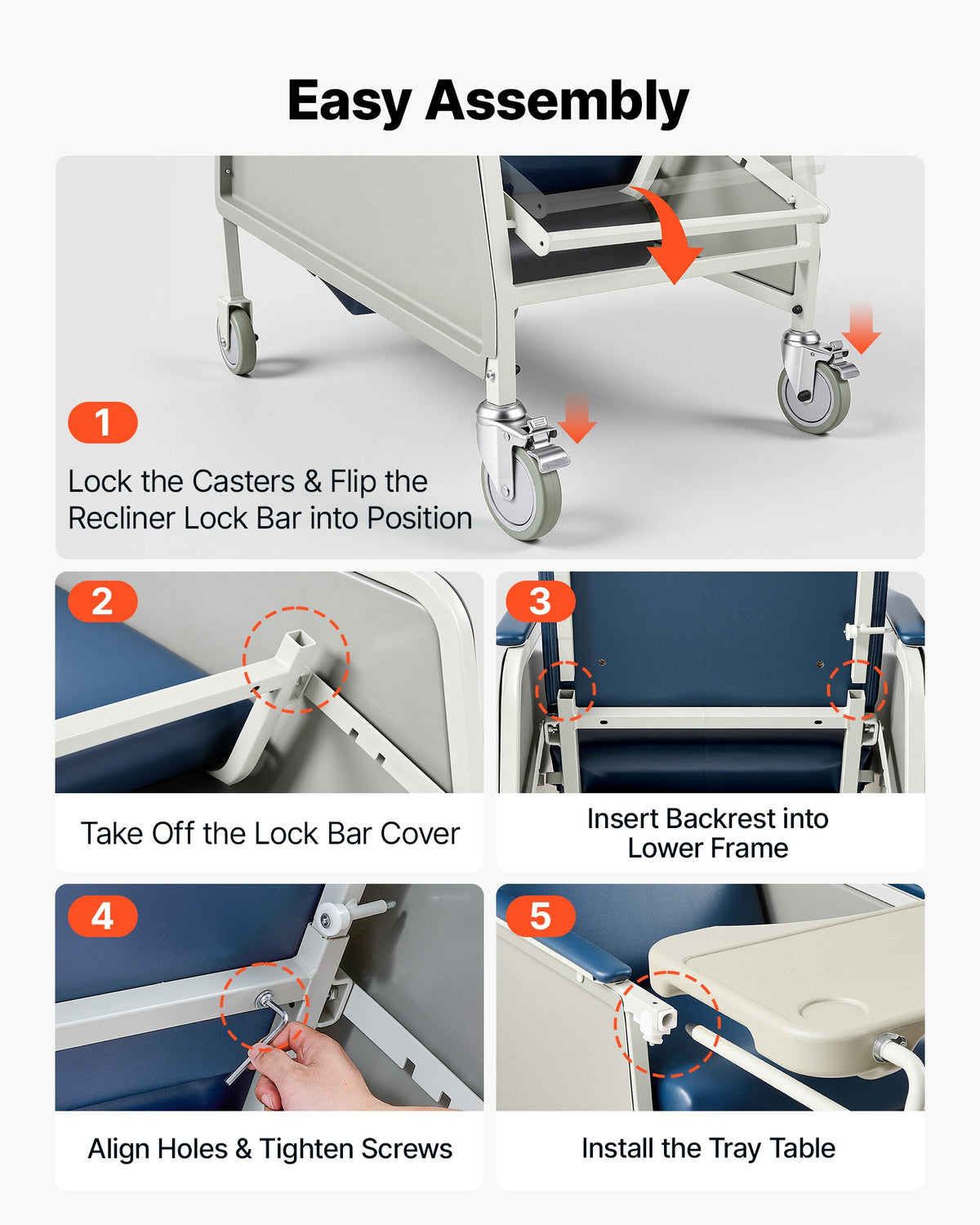 3-Position Geri Reclining Chair 227kg Capacity Geri Chair Recliner, Comfortable Medical Recliner Chairs with 4 Wheels, Soft Padded Seat & Tray Table for Hospitals, Clinics, Geriatric Home Care