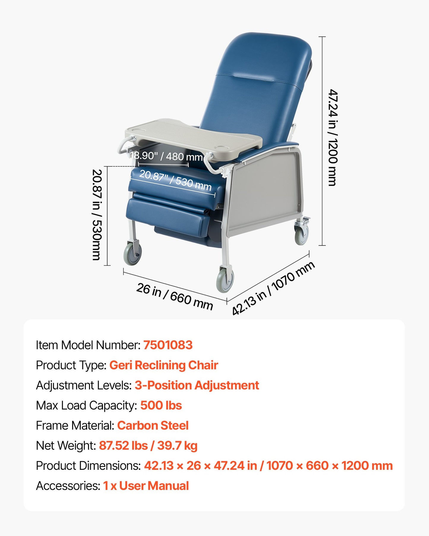 3-Position Geri Reclining Chair 227kg Capacity Geri Chair Recliner, Comfortable Medical Recliner Chairs with 4 Wheels, Soft Padded Seat & Tray Table for Hospitals, Clinics, Geriatric Home Care