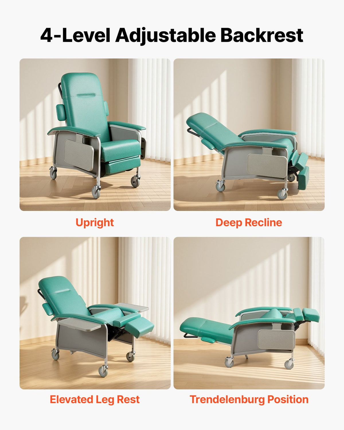 4-Position Geri Reclining Chair 227kg Capacity Geri Chair Recliner, 4-Wheel Medical Recliner Chairs with Trendelenburg, Soft Padded Seat & Trays for Hospitals, Clinics, Geriatric Home Care