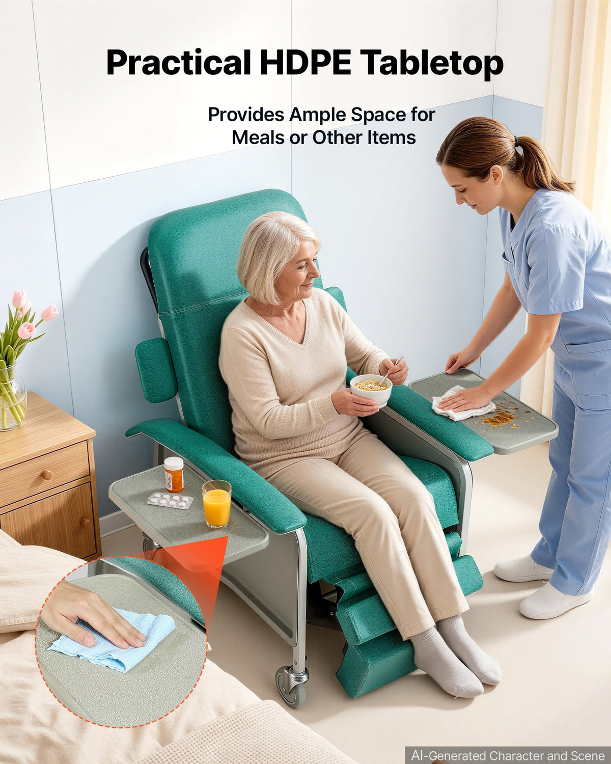 4-Position Geri Reclining Chair 227kg Capacity Geri Chair Recliner, 4-Wheel Medical Recliner Chairs with Trendelenburg, Soft Padded Seat & Trays for Hospitals, Clinics, Geriatric Home Care