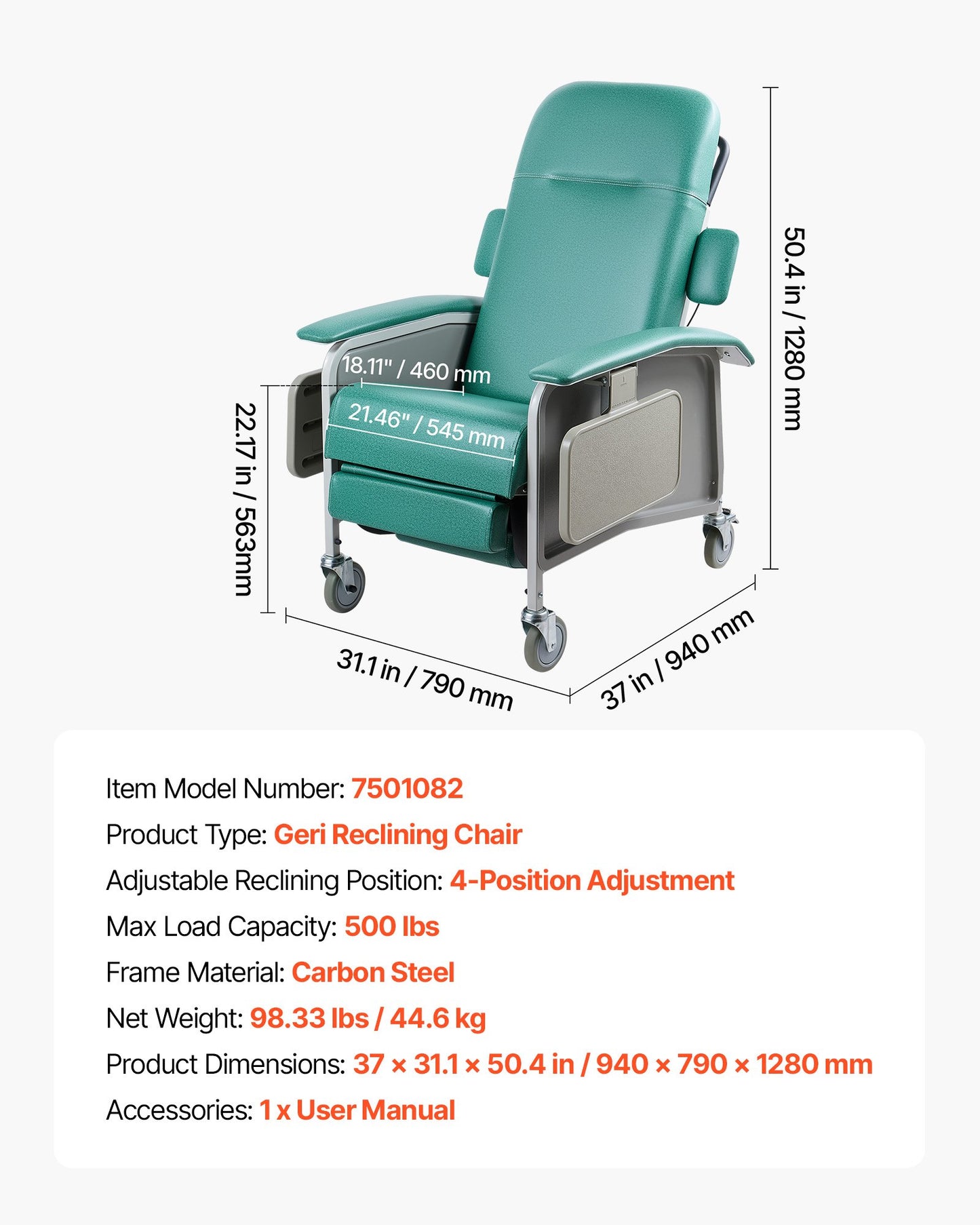 4-Position Geri Reclining Chair 227kg Capacity Geri Chair Recliner, 4-Wheel Medical Recliner Chairs with Trendelenburg, Soft Padded Seat & Trays for Hospitals, Clinics, Geriatric Home Care