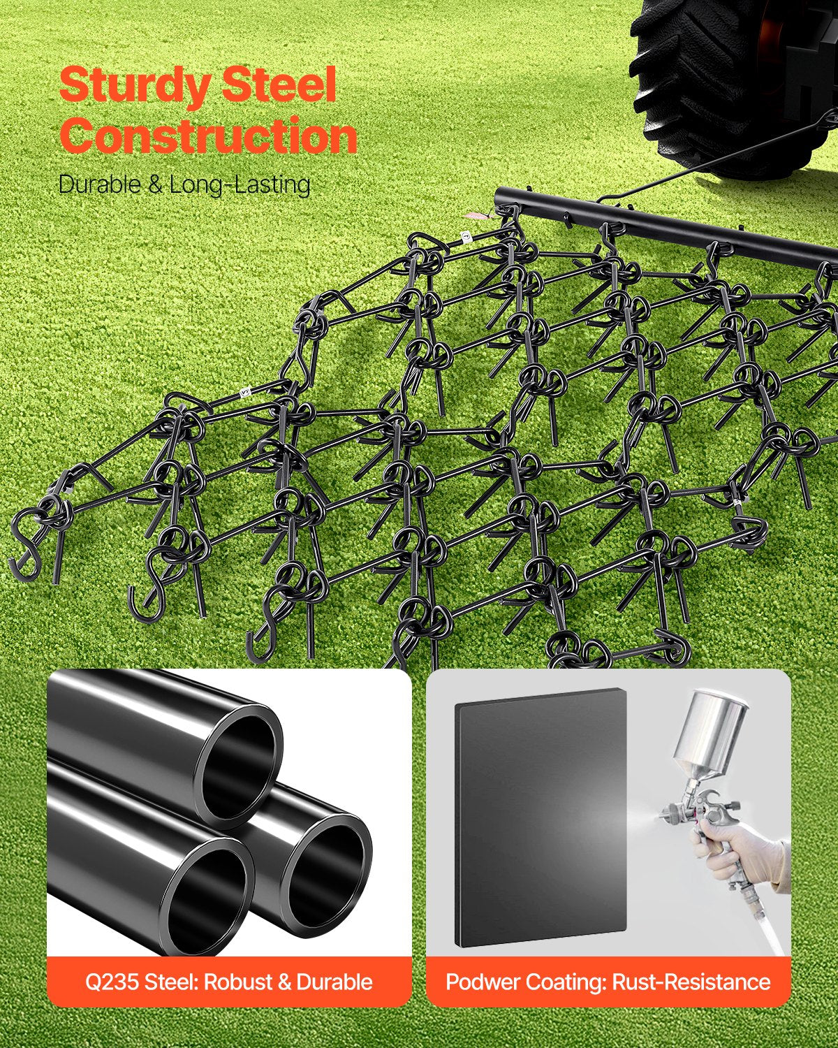 Drag Harrow, 1.2x1.2 m Durable Chain Harrow with 69 Sharp Teeth, Suitable for ATV UTV Tractor, Ideal for Soil Preparation, Seeding, Smoothing Landscapes, and Yard Gravel Driveway Maintenance